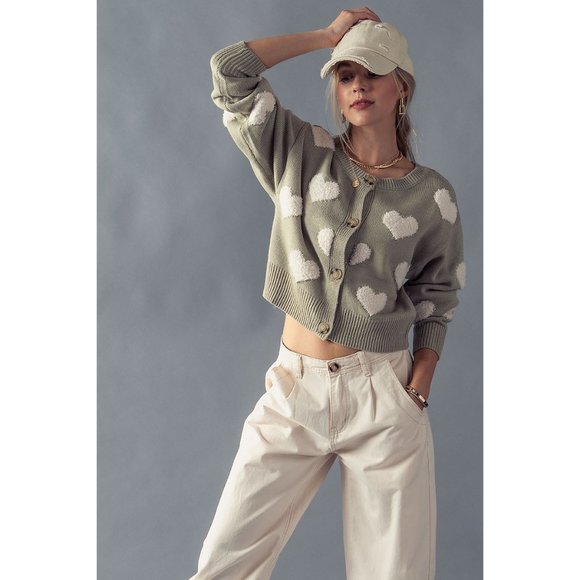 NEW Sage Green Fuzzy Hearts Long Sleeves Button Front Sweater Knit Crop Cardigan - Picture 6 of 11